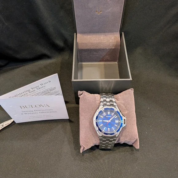 Bulova Men's Quartz Stainless Steel Blue Dial Calendar Watch 43MM 98B297